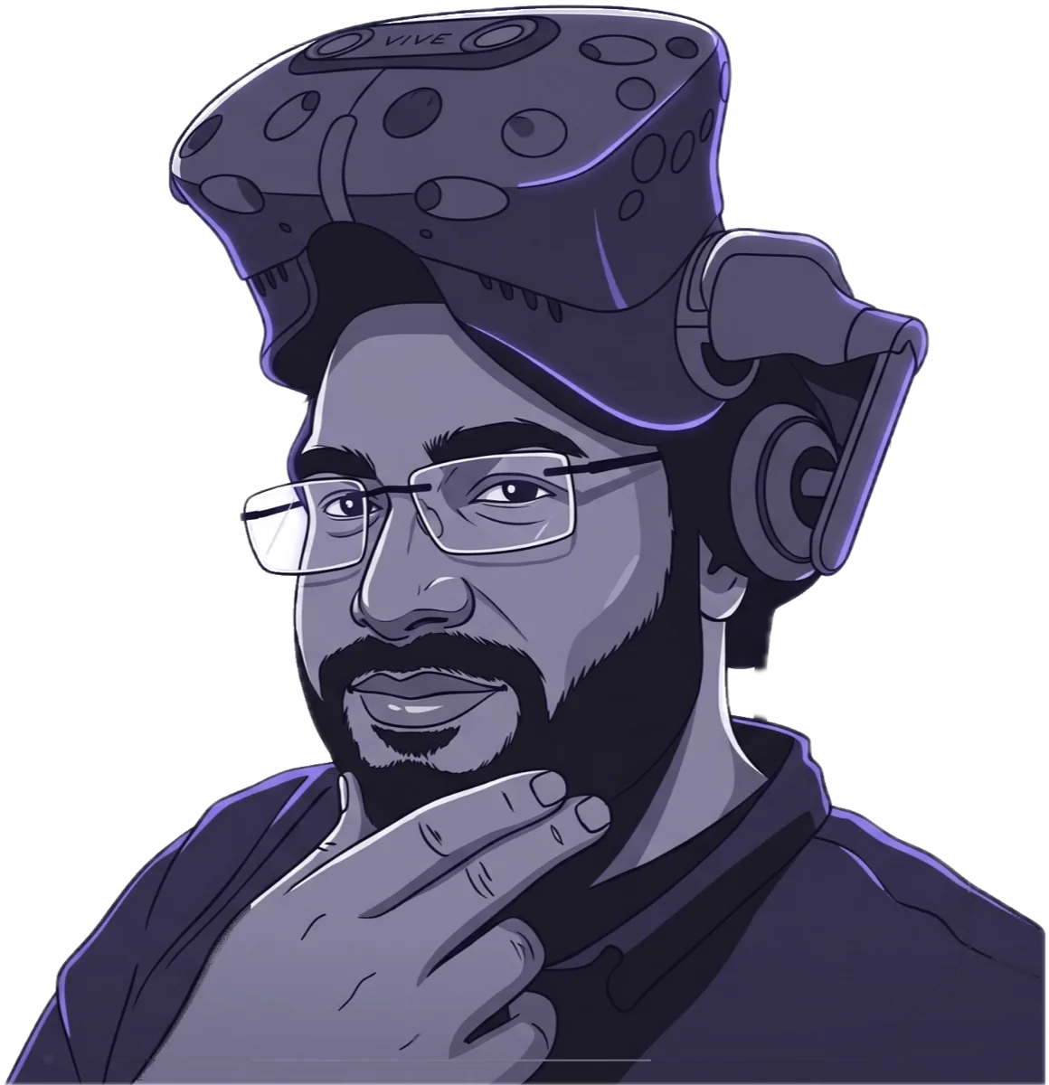 Illustrated portrait of Mohamed Suhail wearing an HTC Vive headset